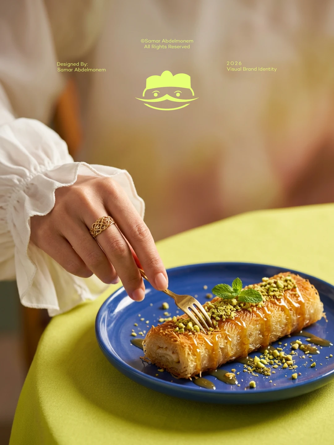 Kunafa on a blue plate with the character icon above