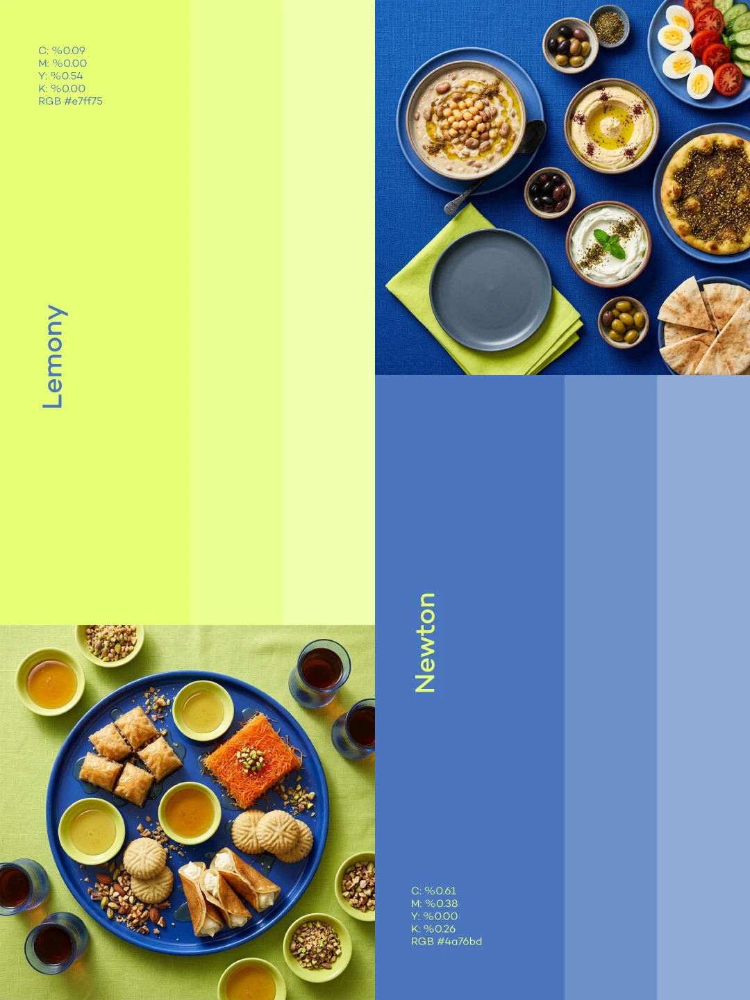 Baba Ghanouj colour palette, Lemony and Newton, with mezze and desserts