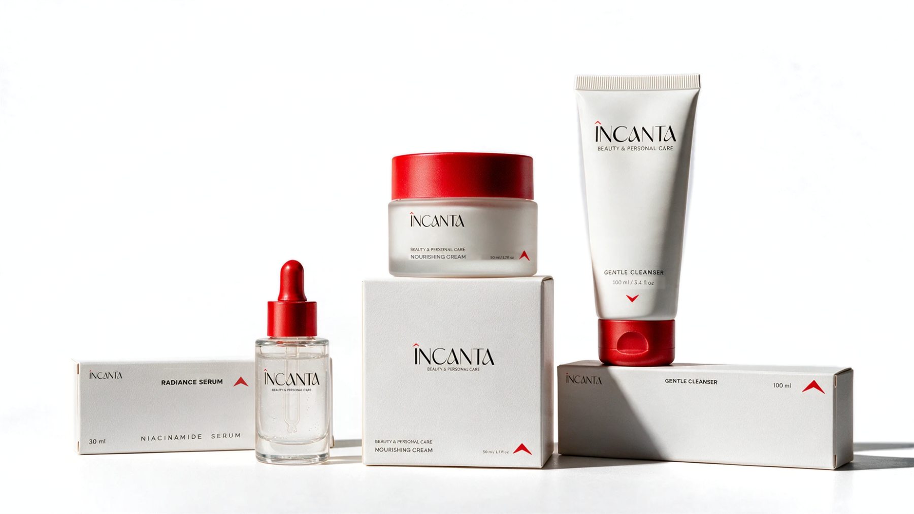ÎNCANTA serum, nourishing cream and gentle cleanser with their cartons on white