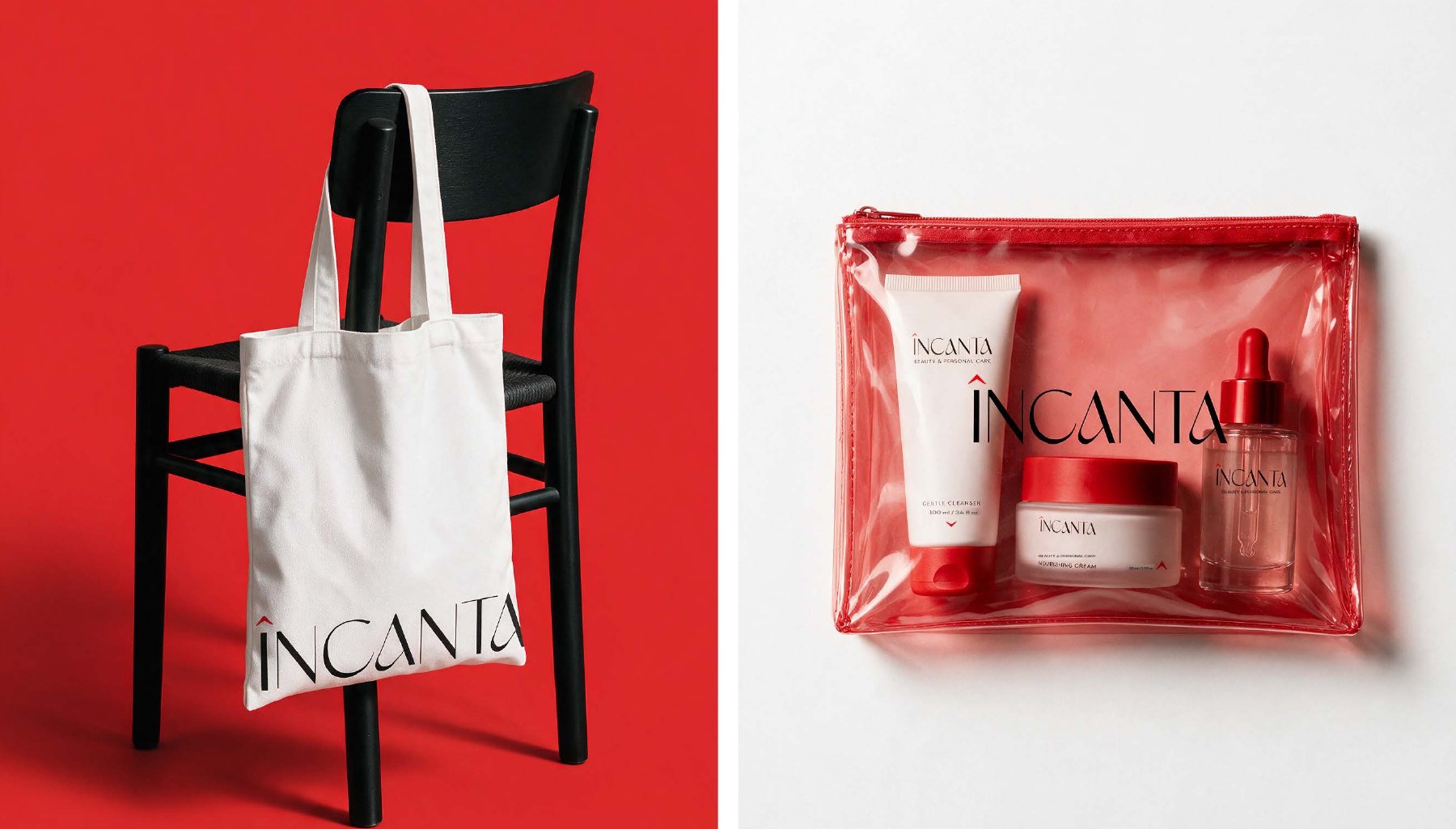 ÎNCANTA tote bag on a chair and a red travel pouch with the three products